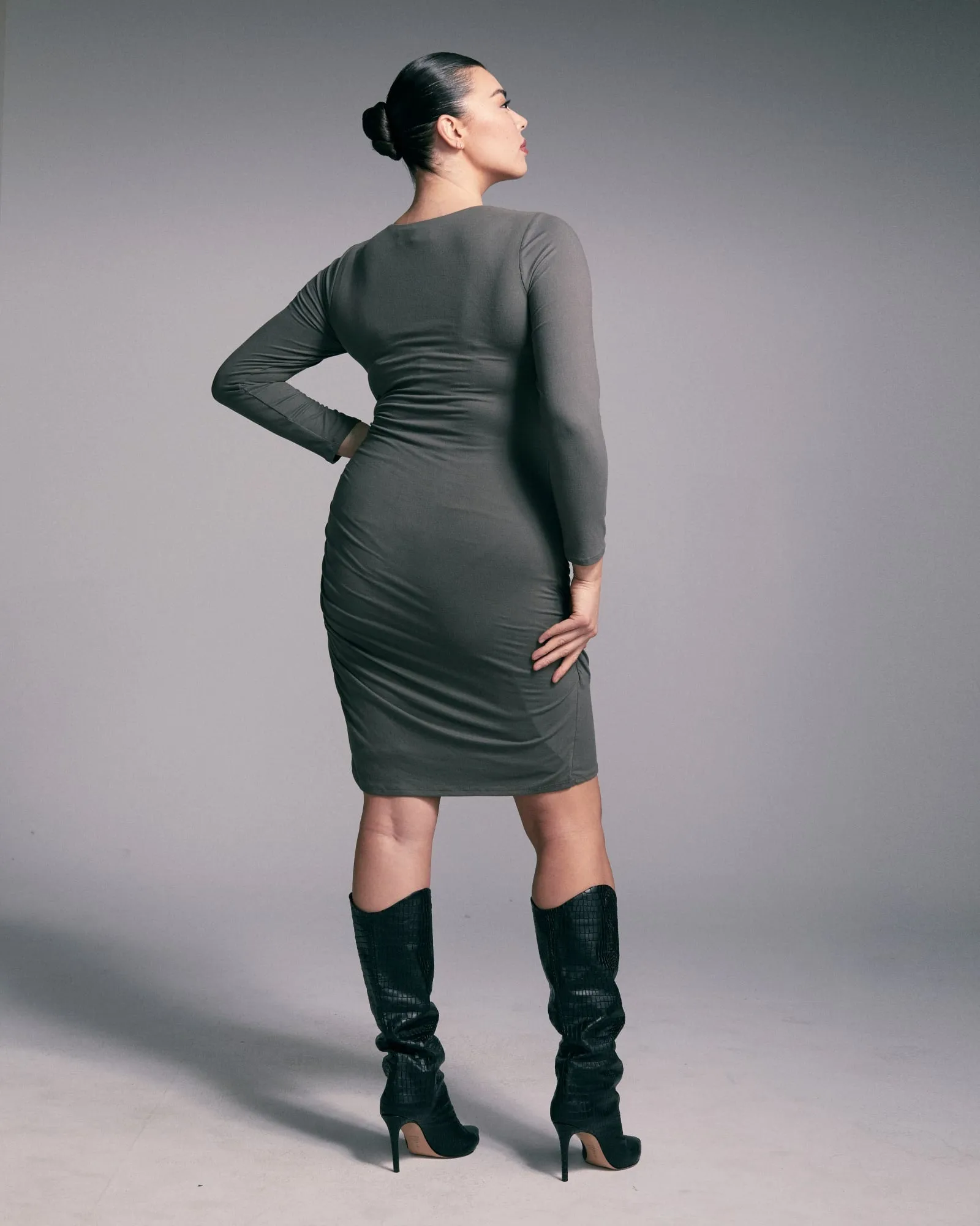 Adella Long-Sleeve Ruched Dress | Charcoal Grey