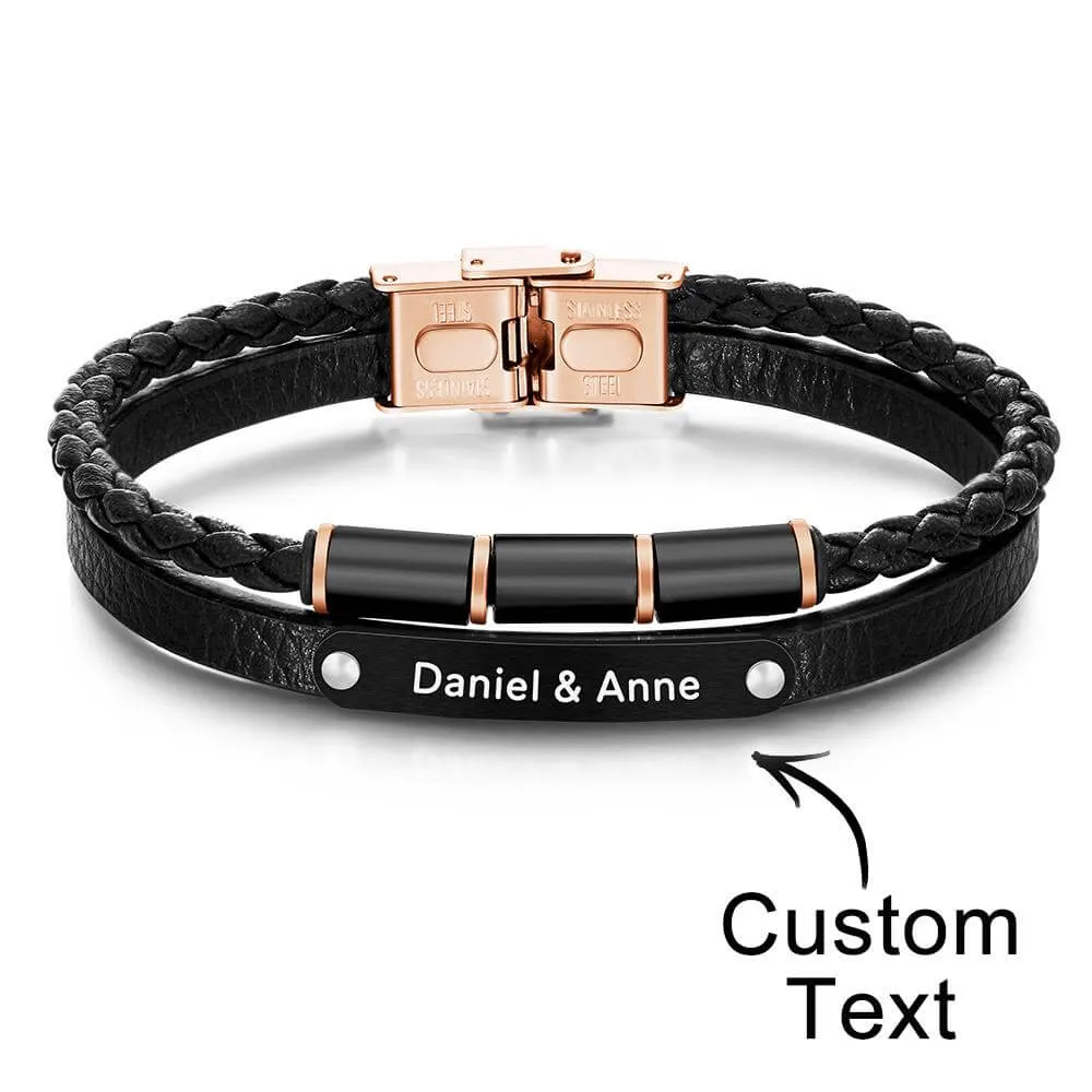 Custom Engraved Multi Layer Retro Style Men's Leather Bracelet