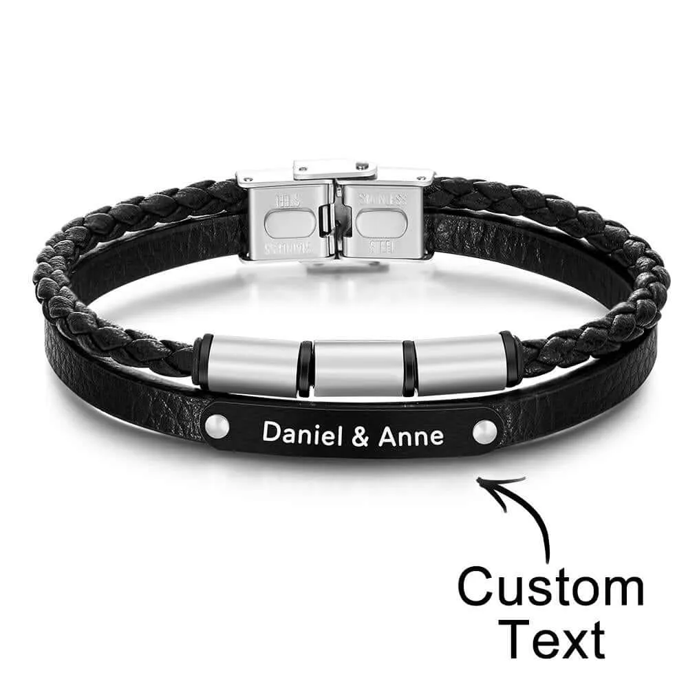 Custom Engraved Multi Layer Retro Style Men's Leather Bracelet