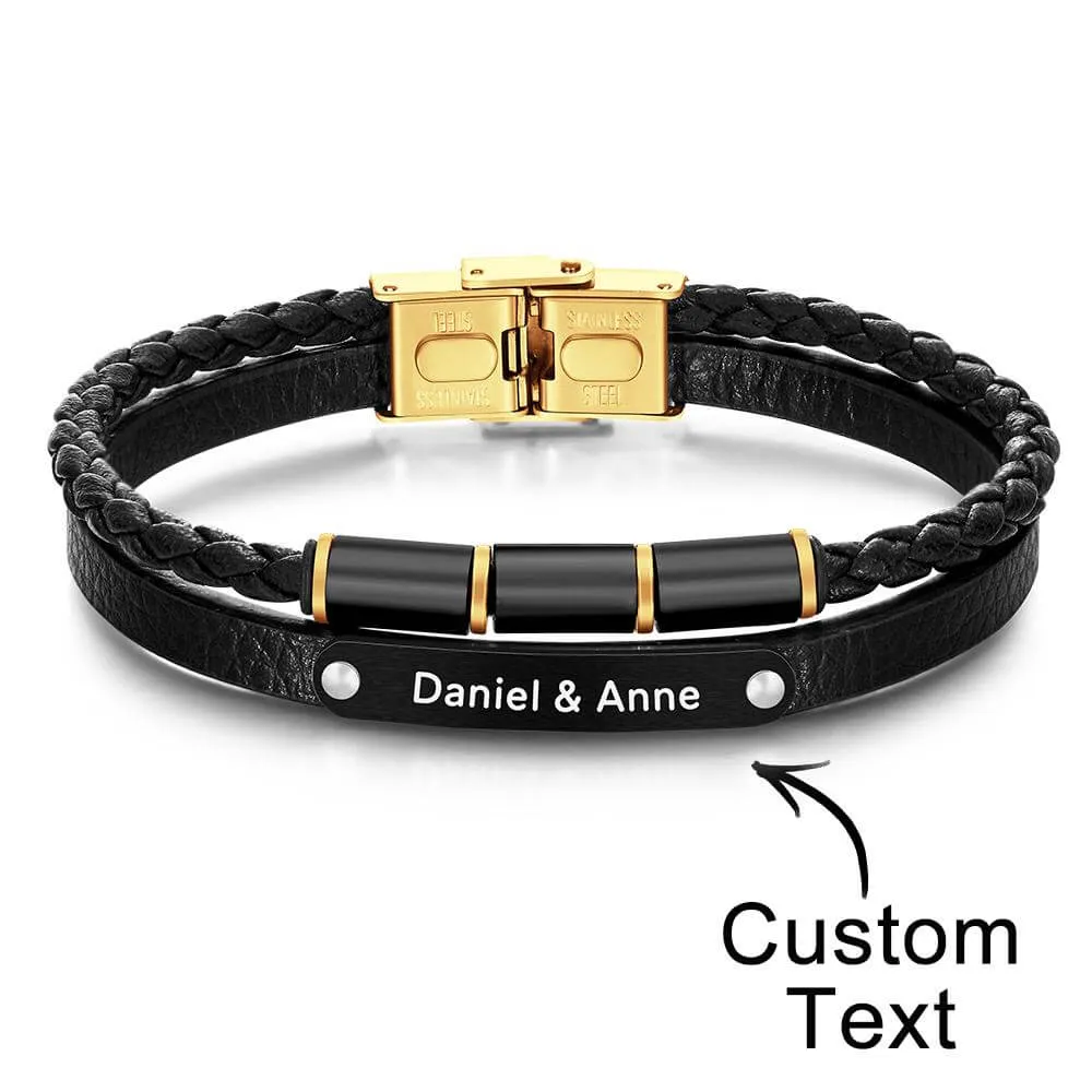 Custom Engraved Multi Layer Retro Style Men's Leather Bracelet