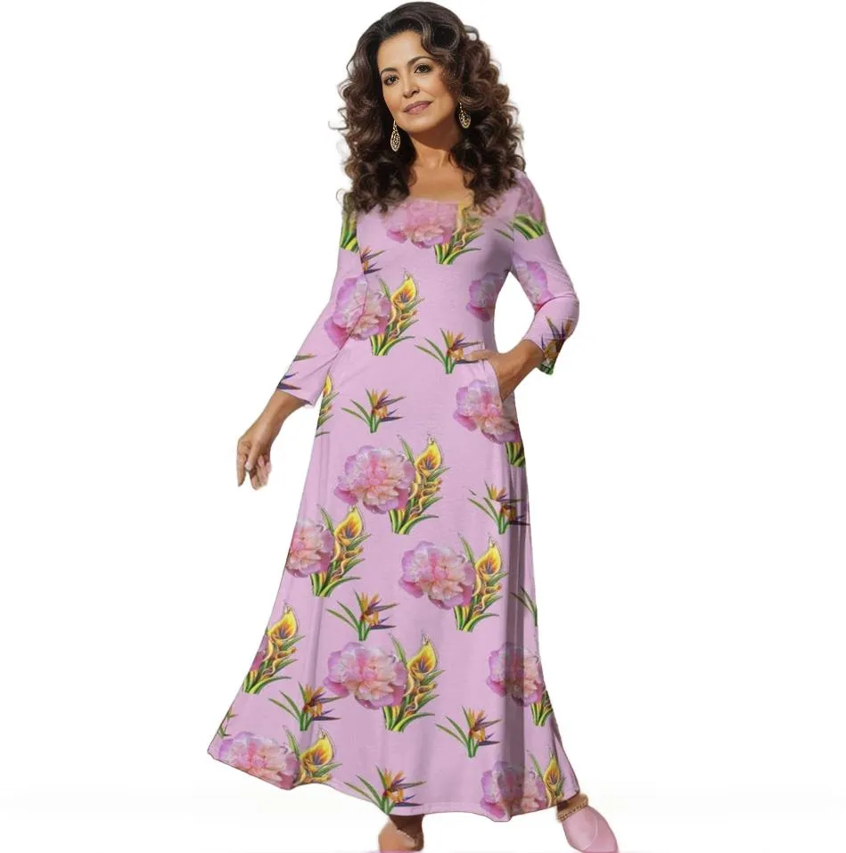 Delightful Pink Voluptuous ( ) Plus Size Loose Crew Neck Long Sleeve Dress