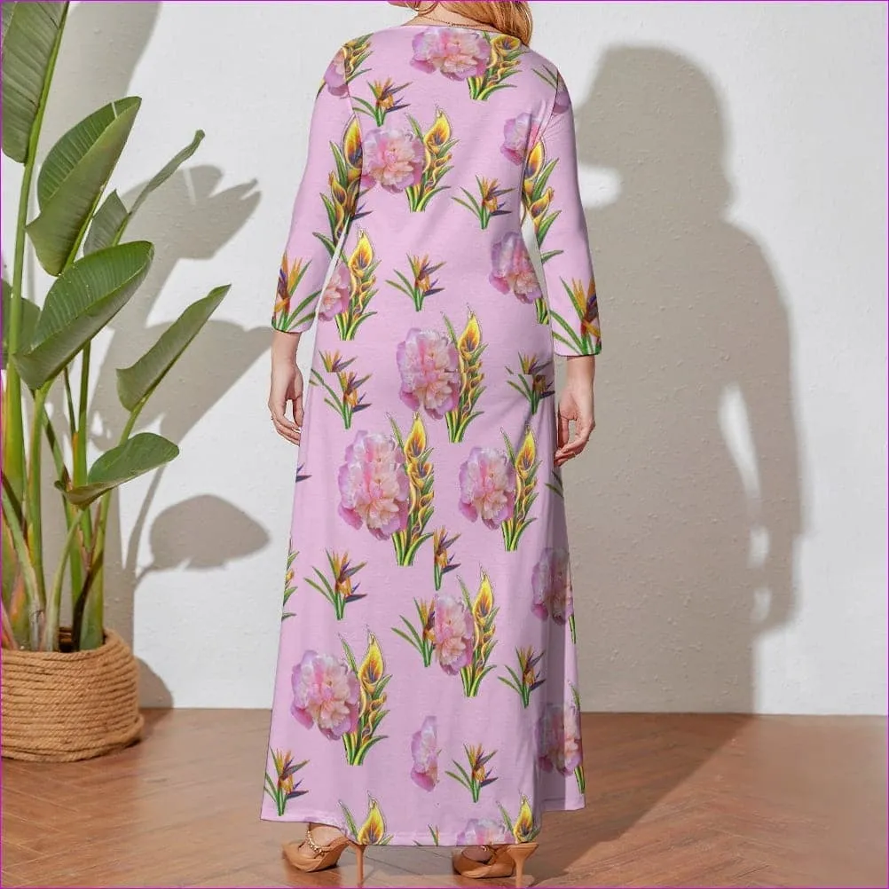 Delightful Pink Voluptuous ( ) Plus Size Loose Crew Neck Long Sleeve Dress