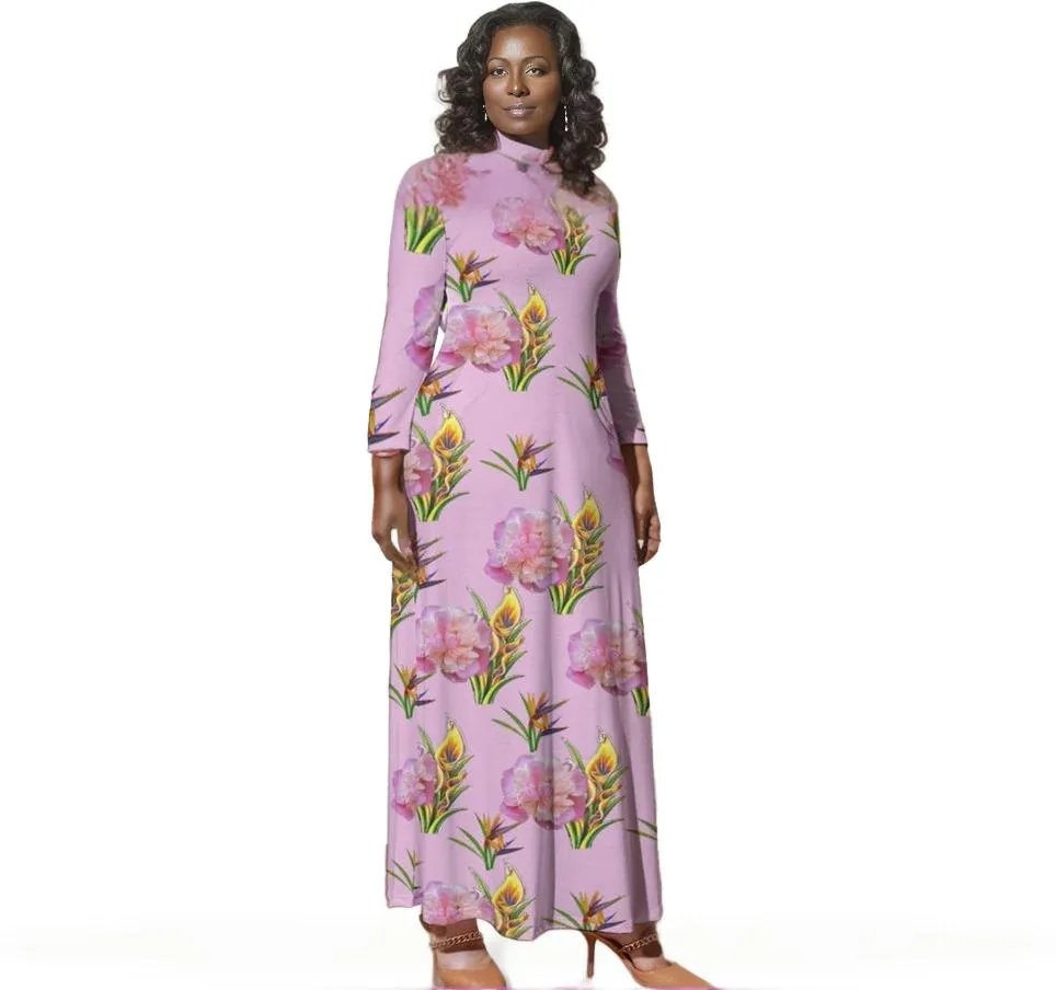 Delightful Pink Voluptuous ( ) Plus Size Loose Crew Neck Long Sleeve Dress