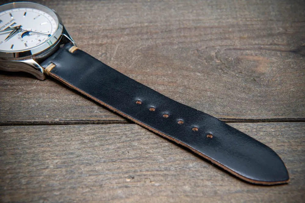 Horween Shell Cordovan Black leather watch strap, handmade in Finland - 10-26 mm.