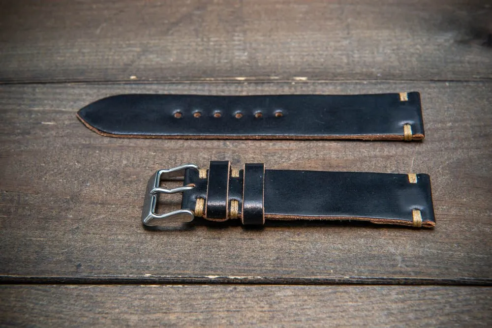 Horween Shell Cordovan Black leather watch strap, handmade in Finland - 10-26 mm.