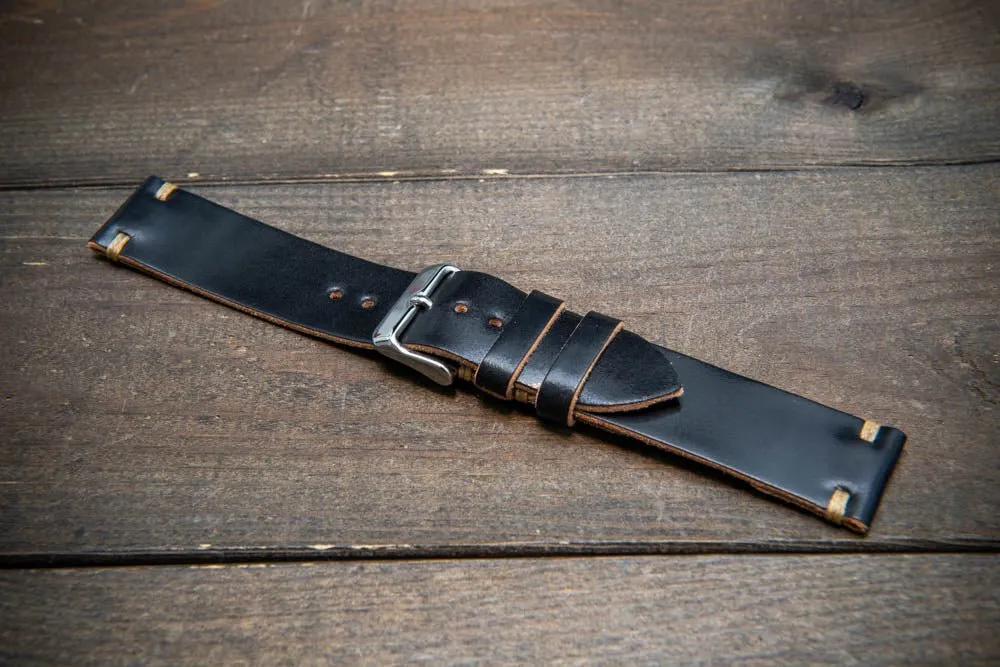 Horween Shell Cordovan Black leather watch strap, handmade in Finland - 10-26 mm.