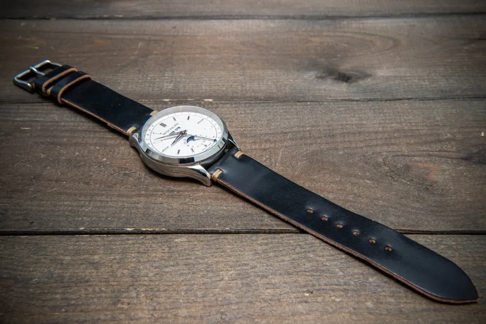 Horween Shell Cordovan Black leather watch strap, handmade in Finland - 10-26 mm.