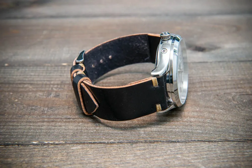 Horween Shell Cordovan Black leather watch strap, handmade in Finland - 10-26 mm.