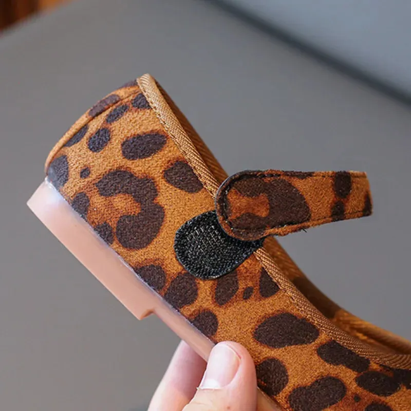 Leopard Printed Kids Flats Shoes Bow Shallow Hook Loop Baby Girls Fashion Shoes PU Soft Sole Toddler Children Mary Janes