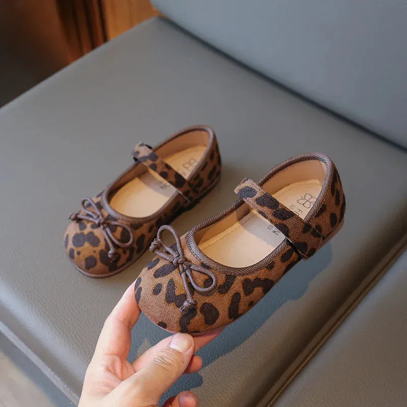 Leopard Printed Kids Flats Shoes Bow Shallow Hook Loop Baby Girls Fashion Shoes PU Soft Sole Toddler Children Mary Janes