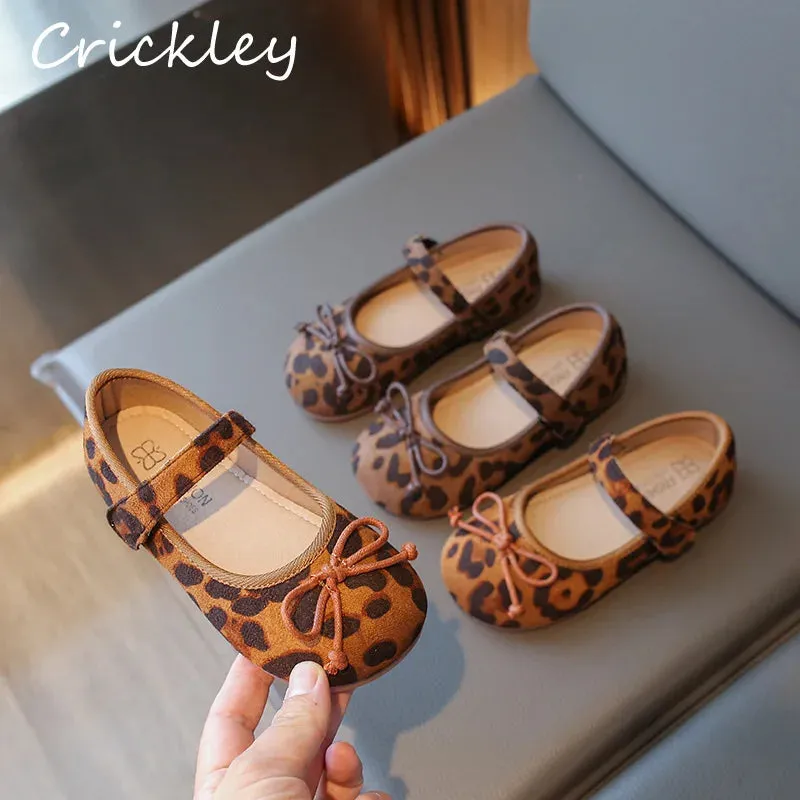 Leopard Printed Kids Flats Shoes Bow Shallow Hook Loop Baby Girls Fashion Shoes PU Soft Sole Toddler Children Mary Janes