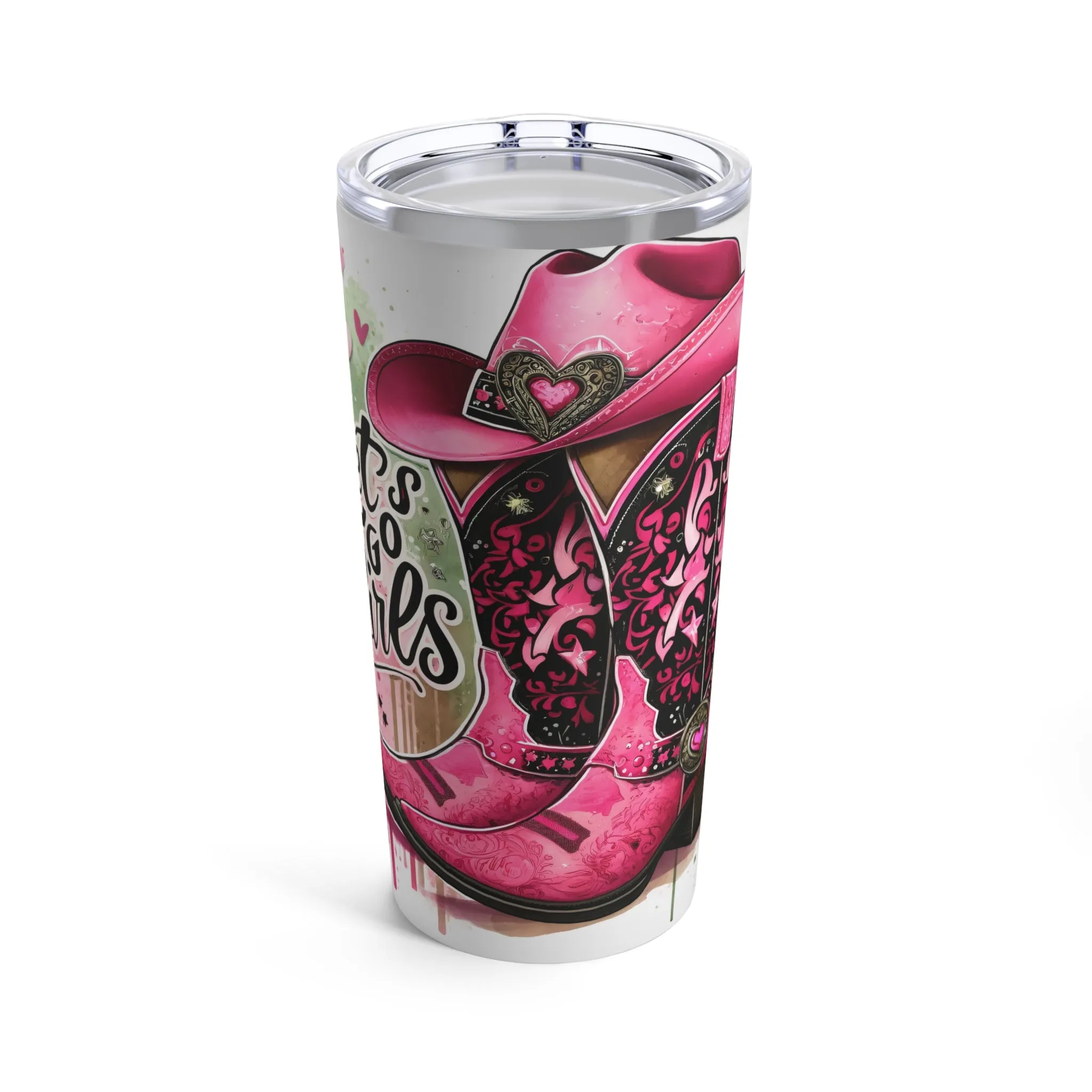 Let's go girls Tumbler 20oz, Pink cowboy boots & hat, Water bottle