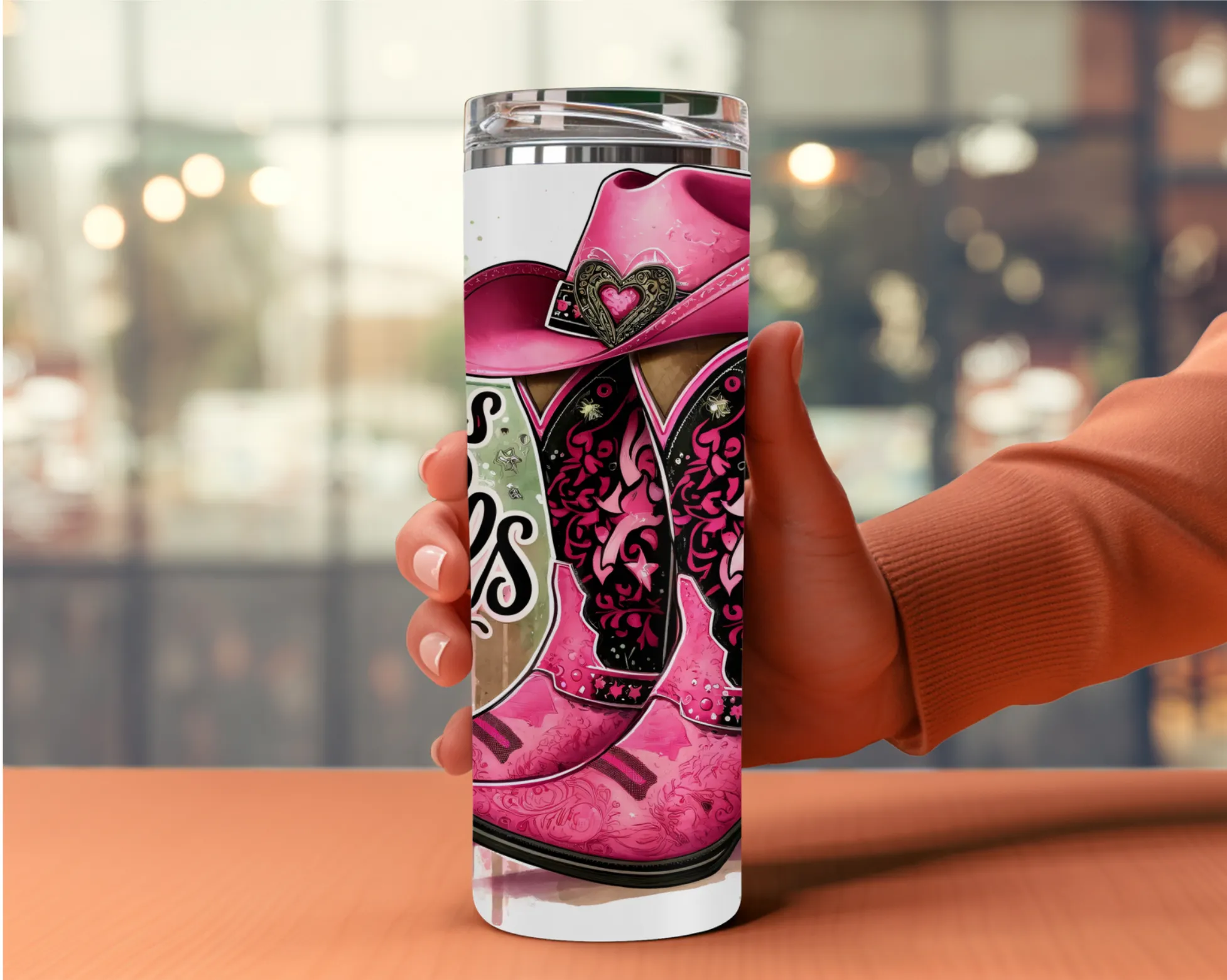 Let's go girls Tumbler 20oz, Pink cowboy boots & hat, Water bottle