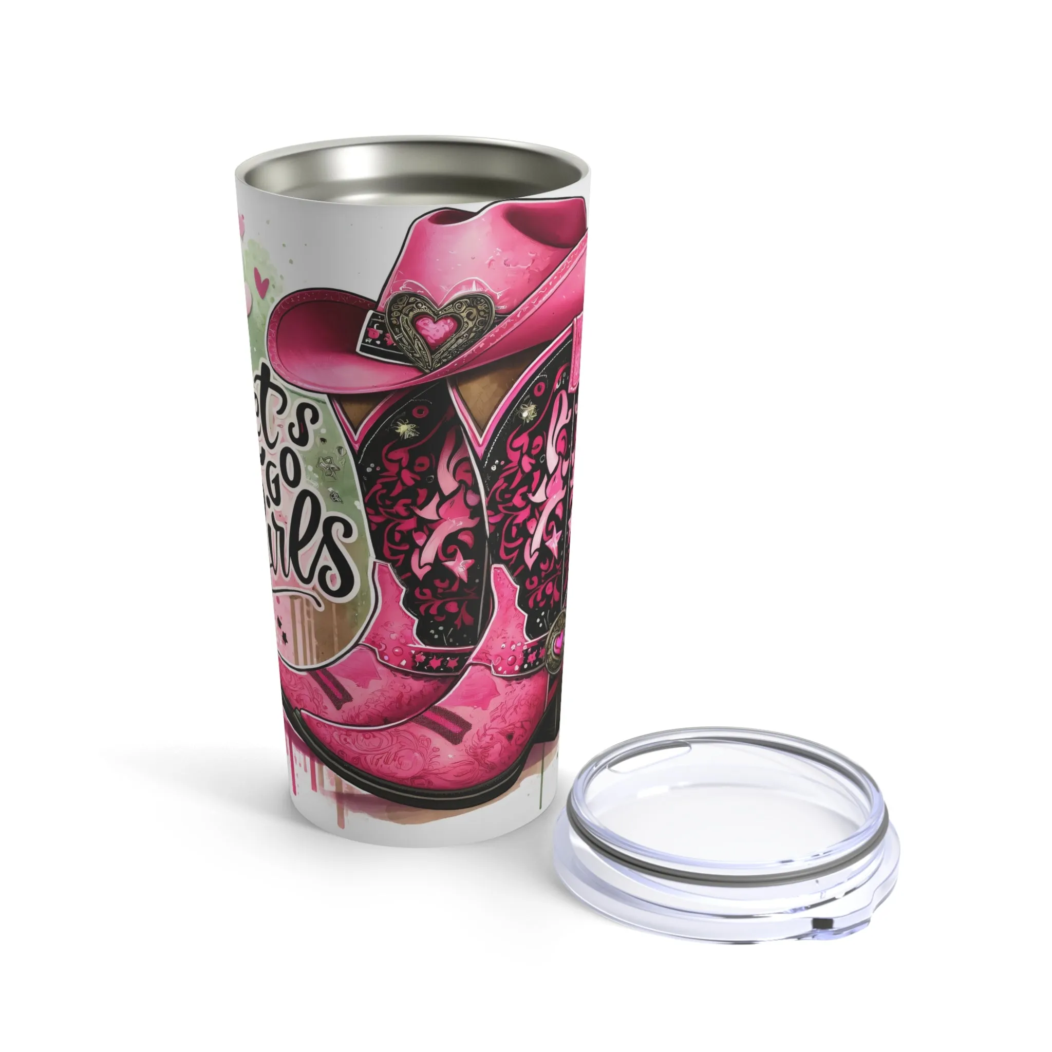 Let's go girls Tumbler 20oz, Pink cowboy boots & hat, Water bottle