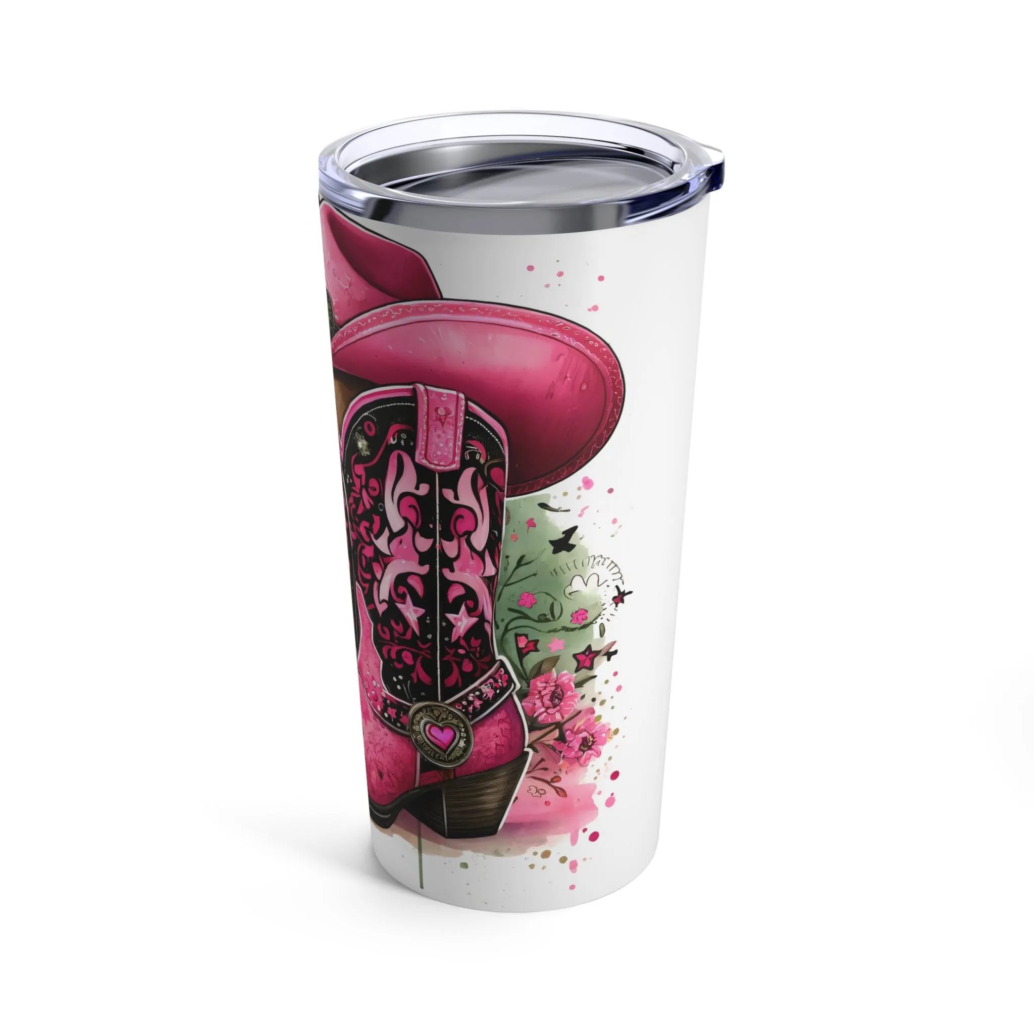 Let's go girls Tumbler 20oz, Pink cowboy boots & hat, Water bottle