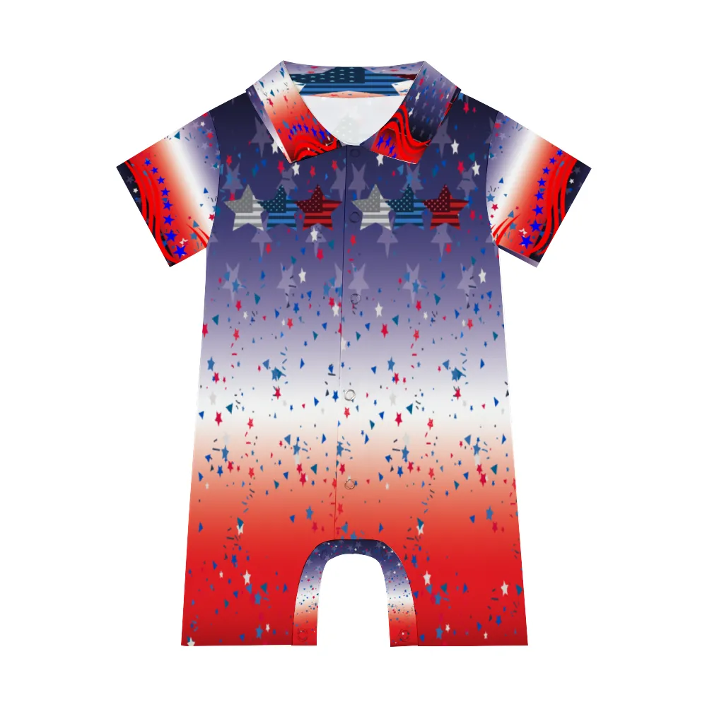 Ombre Star Flag Infant Baby Short Sleeves Button Romper