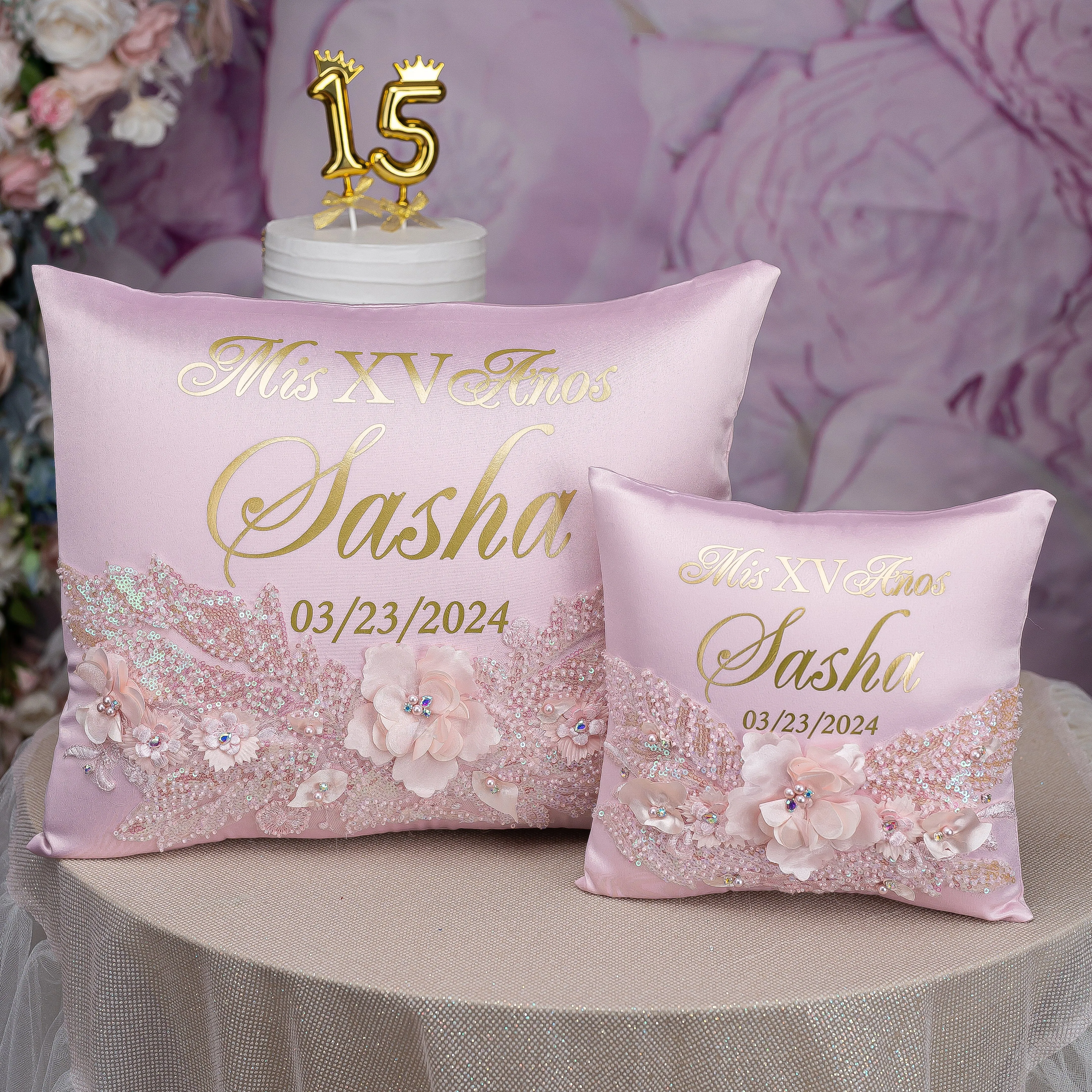 Pink Iridescent quinceanera kneeling pillow, shoes pillow