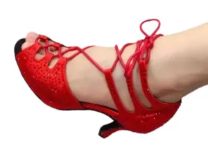 Red Satin With Red Rhinestone Lace Up Ballroom Salsa Latin Dance Shoes