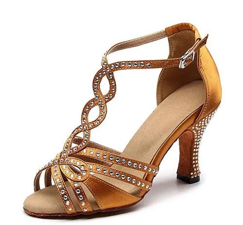 Rhinestone Ballroom Dance Shoes Tan Latin Salsa Dancing Shoes