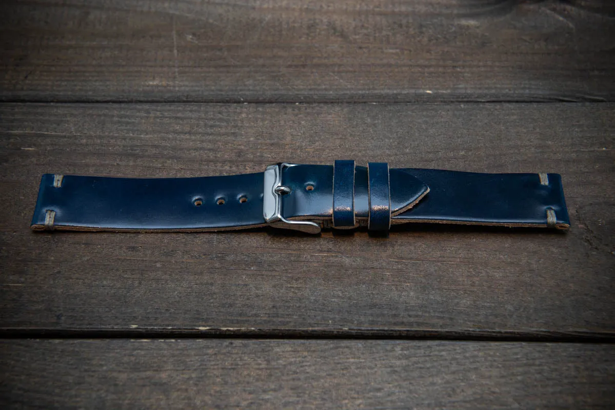 Shell Cordovan Dark Blue leather watch strap, handmade in Finland - 10-26 mm.