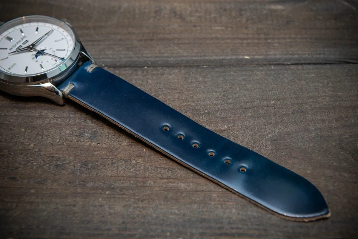 Shell Cordovan Dark Blue leather watch strap, handmade in Finland - 10-26 mm.