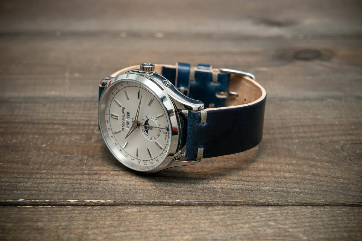 Shell Cordovan Dark Blue leather watch strap, handmade in Finland - 10-26 mm.