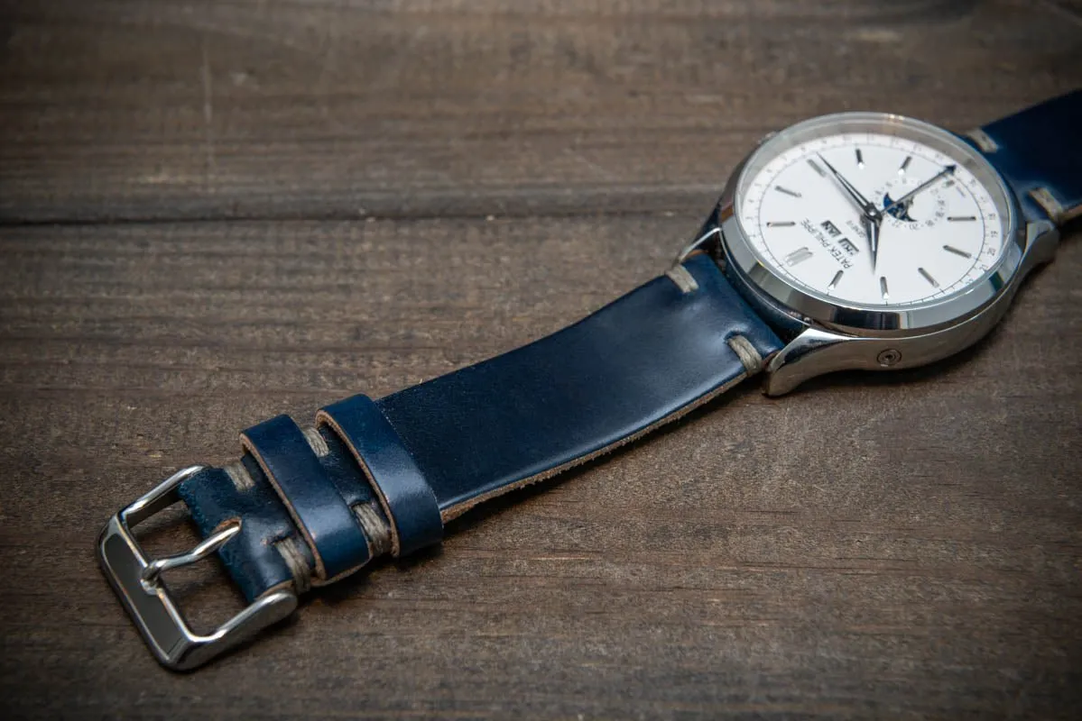 Shell Cordovan Dark Blue leather watch strap, handmade in Finland - 10-26 mm.