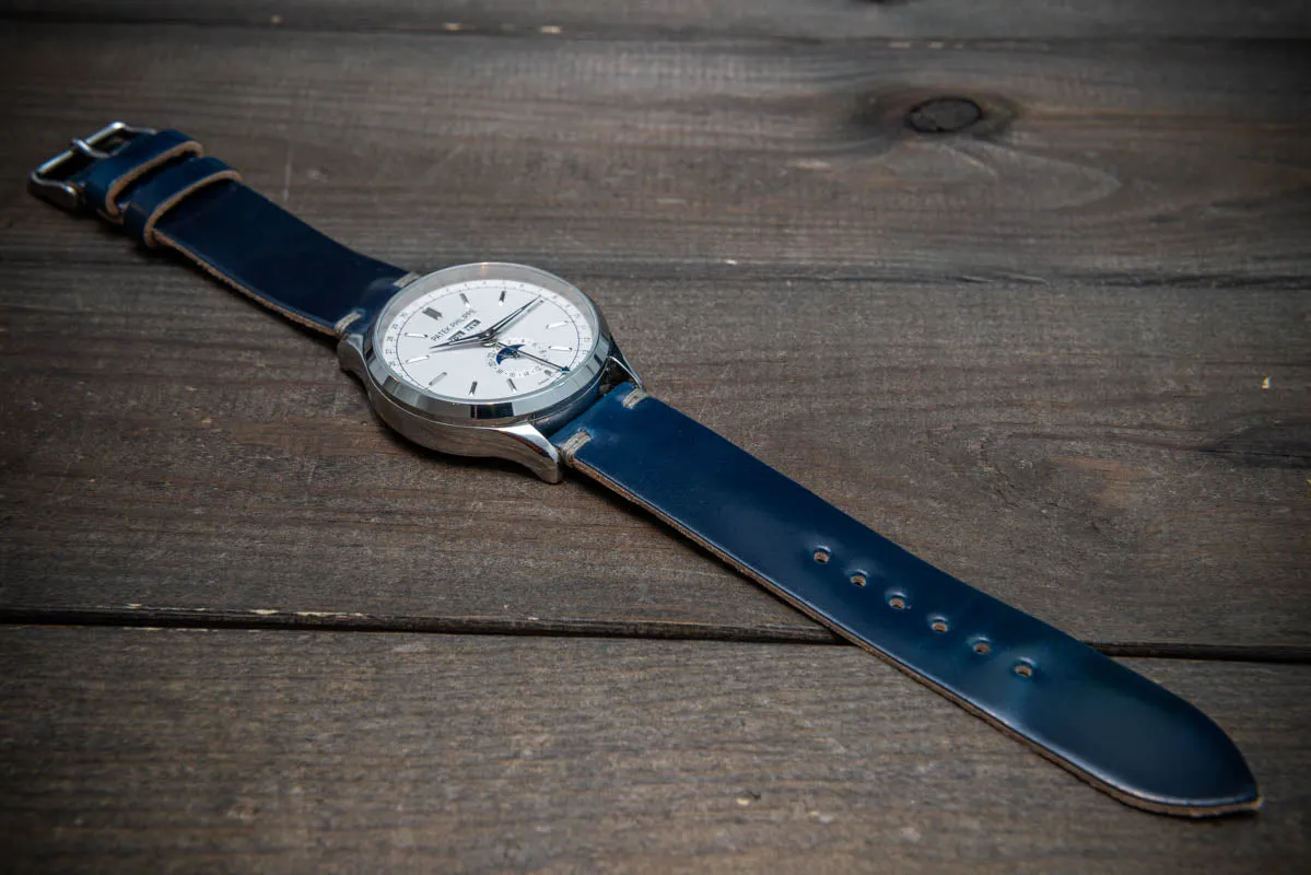 Shell Cordovan Dark Blue leather watch strap, handmade in Finland - 10-26 mm.