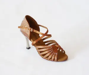 Stephanie Dance Shoes, 2090-45, Dark Tan Satin-Rhinestones, 2” & 2.5” Flared Heel