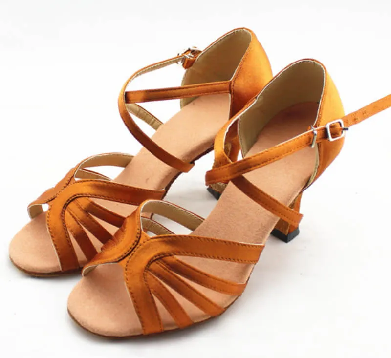 Tan Satin Ballroom Dance Shoes Latin Salsa Dancing Shoes for Women