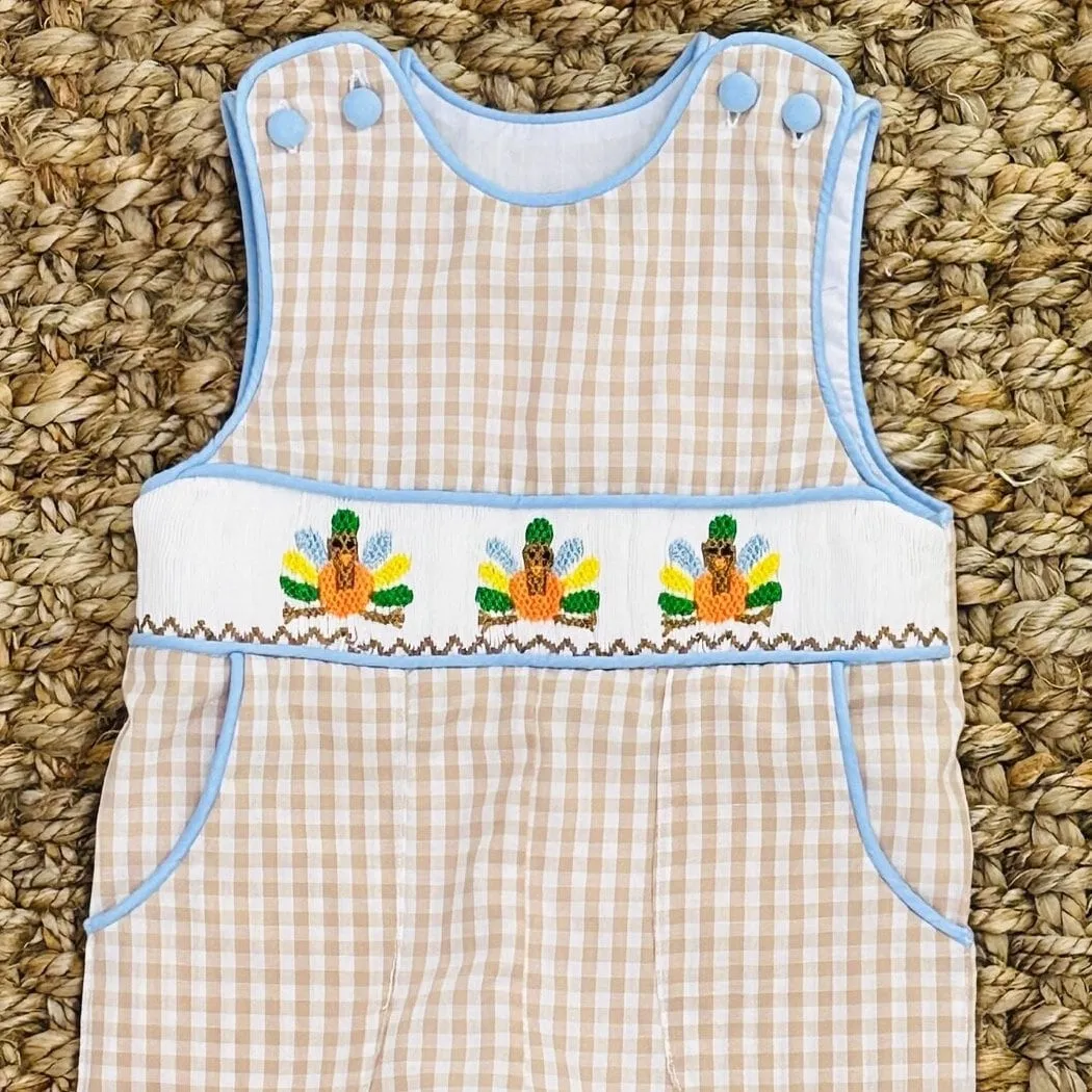 Turkey Smocked Longall in Tan Gingham with Pockets!