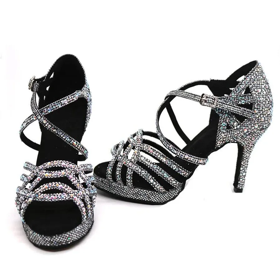 Women's Black Sparkling Glitter Customized Heel Ballroom Dance Shoes Latin Shoes