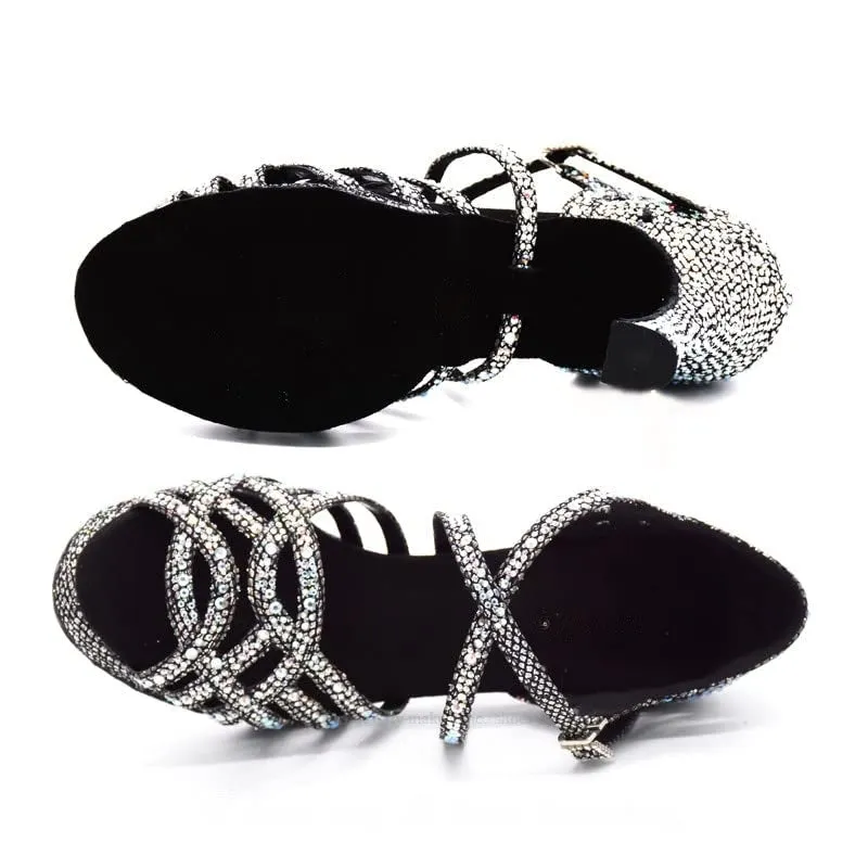 Women's Black Sparkling Glitter Customized Heel Ballroom Dance Shoes Latin Shoes