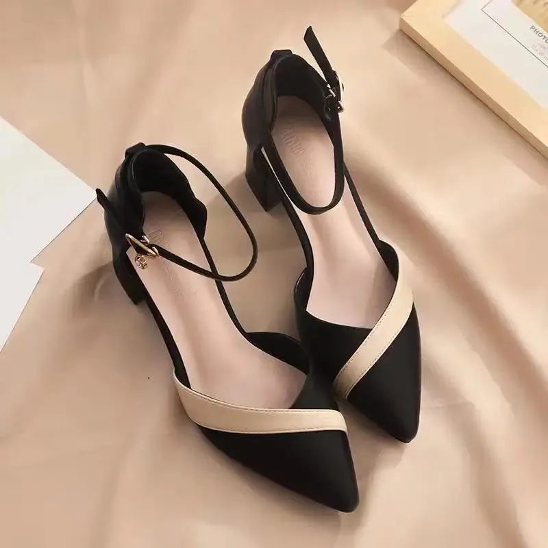 Women's Classic Beige Square Heel Pointed Shoes for Party Ladies Spring Summer Black Buckle PU Leather Profession Pumps