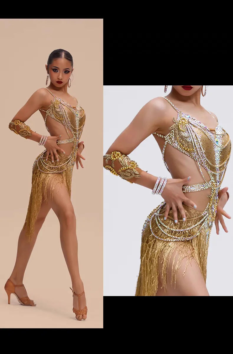 YUN.L031FDD LADIES GOLD AND FRINGE LATIN DANCE COSTUME