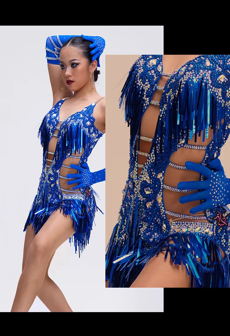 YUN.L032FDD Royal Blue Cut-Out Fringe Dance Dress with Crystal Accents