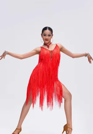 YUN.L035FDD Orange Fringe Latin Dance Costume